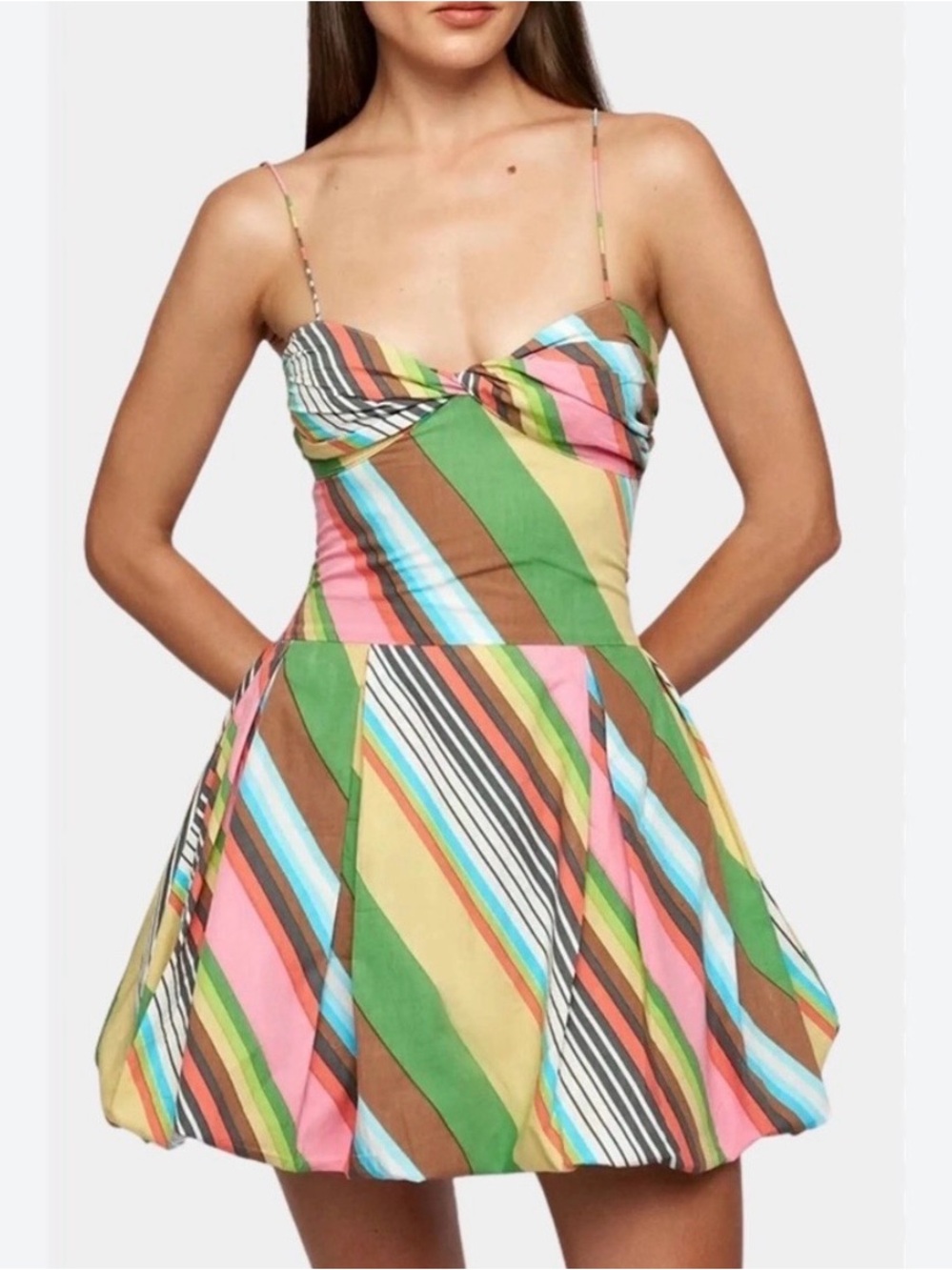Anthropologie S/W/F Mini Dress Pink Stripe Fitted Balloon Vacay Boho Small NWT